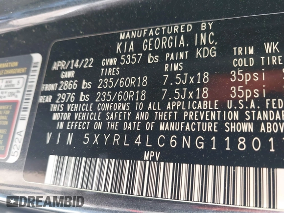 2022 Kia Sorento S with VIN 5XYRL4LC6NG118017, listed as a IAAI auction lot 42042953 with 36,978 mi miles and . Bid and sale history available at DreamBid. Image 9.