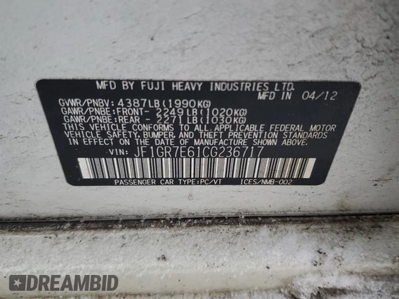 2012 Subaru WRX WRX Limited с VIN JF1GR7E61CG236717, выставлен на аукционе Copart как лот 88438485 с пробегом Не указан миль и Списание • Salvage title. История ставок и продаж доступна на DreamBid. Изображение 12.