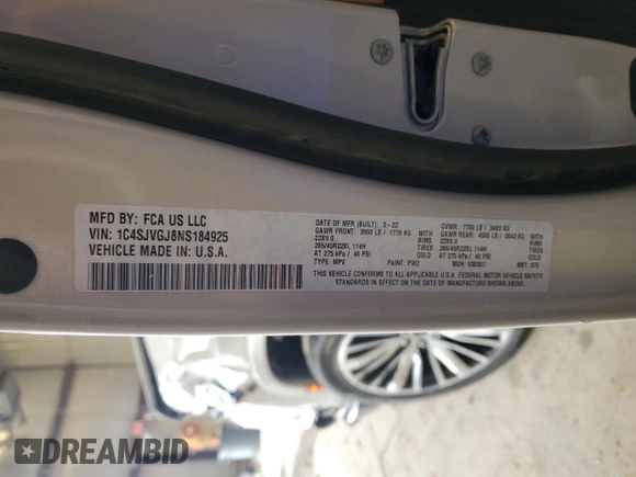 2022 Jeep Grand Wagoneer Series III с VIN 1C4SJVGJ8NS184925, выставлен на аукционе Copart как лот 51525905 с пробегом 77 019 миль миль и Списание • Salvage title. История ставок и продаж доступна на DreamBid. Изображение 13.