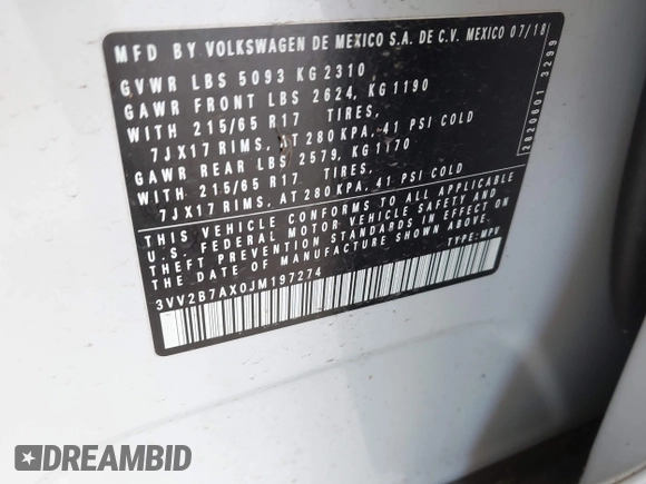 2018 Volkswagen Tiguan SEL z VIN 3VV2B7AX0JM197274, wystawiony jako IAAI lot #42392421 z przebiegiem 45 453 mil mil oraz . Historia ofert i sprzedaży dostępna na DreamBid. Obrazek 9.