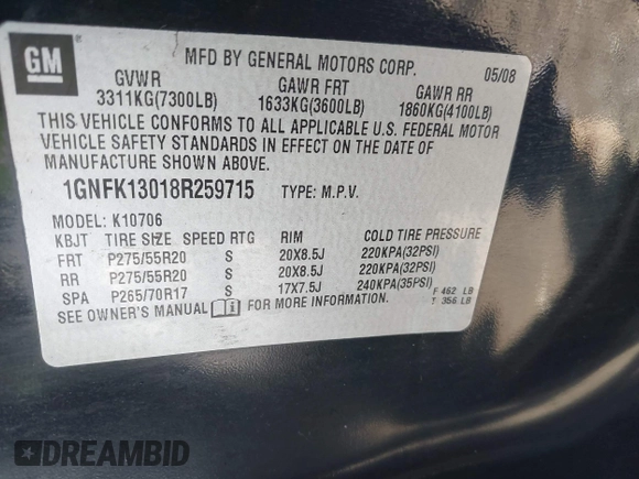 2008 Chevrolet Tahoe LTZ with VIN 1GNFK13018R259715, listed as a IAAI auction lot 42642469 with 208,452 mi miles and . Bid and sale history available at DreamBid. Image 9.