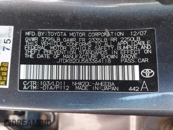 2008 Toyota Prius with VIN JTDKB20U583364118, listed as a IAAI auction lot 42135822 with 277,800 mi miles and . Bid and sale history available at DreamBid. Image 9.