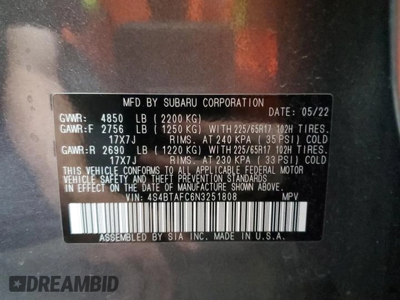 2022 Subaru Outback Premium z VIN 4S4BTAFC6N3251808, wystawiony jako Copart lot #61209985 z przebiegiem 26 922 mil mil oraz Szkoda całkowita • Salvage title. Historia ofert i sprzedaży dostępna na DreamBid. Obrazek 13.