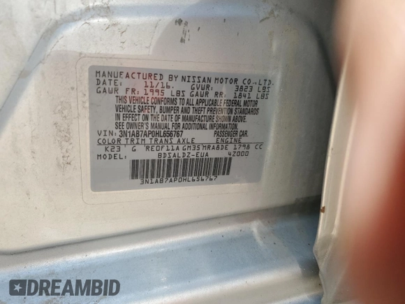 2017 Nissan Sentra SV with VIN 3N1AB7AP0HL656767, listed as a Copart auction lot 60224915 with 66,324 mi miles and Salvage title. Bid and sale history available at DreamBid. Image 13.