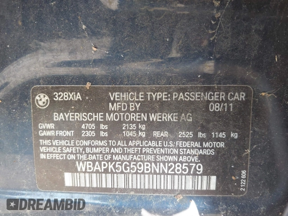 2011 BMW 3 Series 328i xDrive with VIN WBAPK5G59BNN28579, listed as a IAAI auction lot 42497530 with 67,705 mi miles and . Bid and sale history available at DreamBid. Image 9.