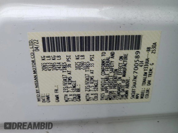2022 Nissan Rogue S with VIN 5N1BT3AA7NC700589, listed as a Copart auction lot 46452245 with 39,403 mi miles and Salvage title. Bid and sale history available at DreamBid. Image 13.
