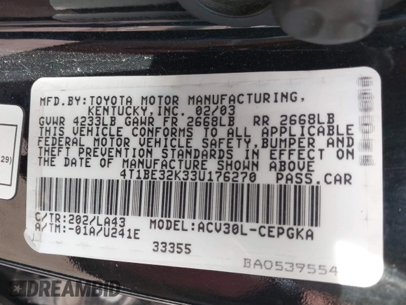 2003 Toyota Camry LE with VIN 4T1BE32K33U176270, listed as a IAAI auction lot 41995146 with 223,032 mi miles and . Bid and sale history available at DreamBid. Image 9.