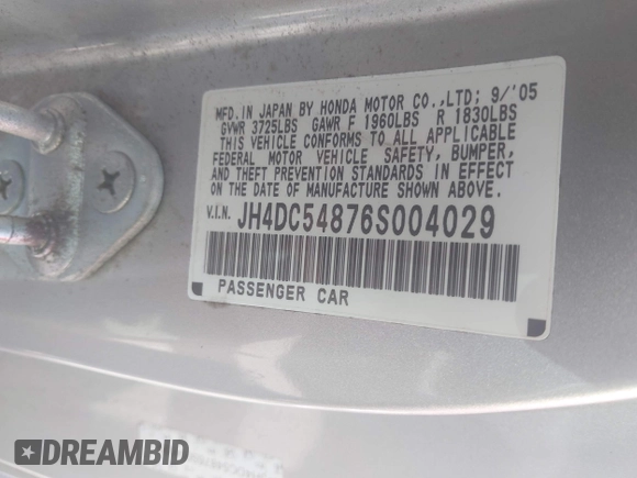 2006 Acura RSX с VIN JH4DC54876S004029, выставлен на аукционе IAAI как лот 42763824 с пробегом 191 671 миль миль и . История ставок и продаж доступна на DreamBid. Изображение 9.