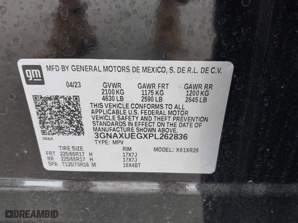 2023 Chevrolet Equinox LT with VIN 3GNAXUEGXPL262836, listed as a IAAI auction lot 41897111 with 46,179 mi miles. Bid and sale history available at carsss.com. Image 9.