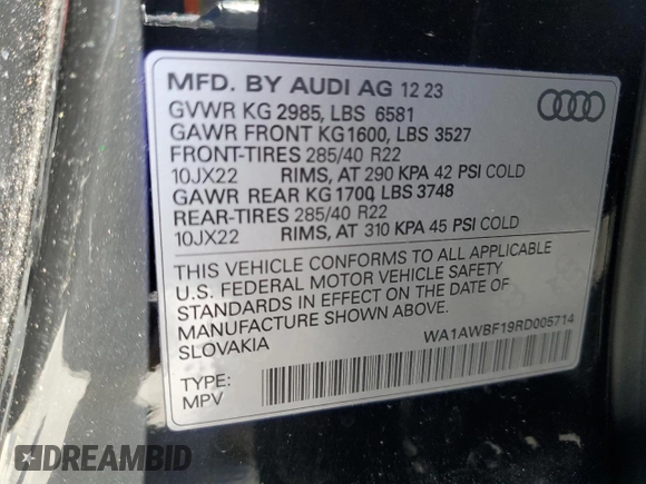 2024 Audi SQ8 Premium Plus with VIN WA1AWBF19RD005714, listed as a Copart auction lot 47320035 with 30,654 mi miles and Salvage Title. Bid and sale history available at DreamBid. Image 16.