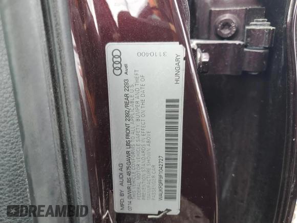 2015 Audi A3 2.0T Prestige with VIN WAUKFGFF9F1042727, listed as a Copart auction lot 48142764 with 98,712 mi miles. Bid and sale history available at carsss.com. Image 13.