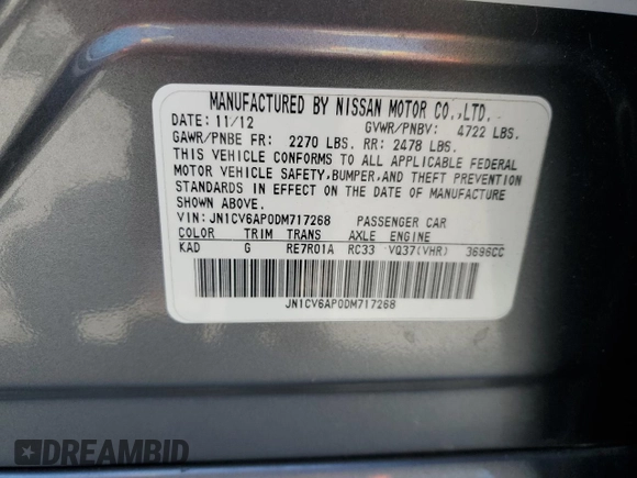 2013 Infiniti G37 Journey with VIN JN1CV6AP0DM717268, listed as a Copart auction lot 58037345 with 112,809 mi miles and Salvage title. Bid and sale history available at DreamBid. Image 12.