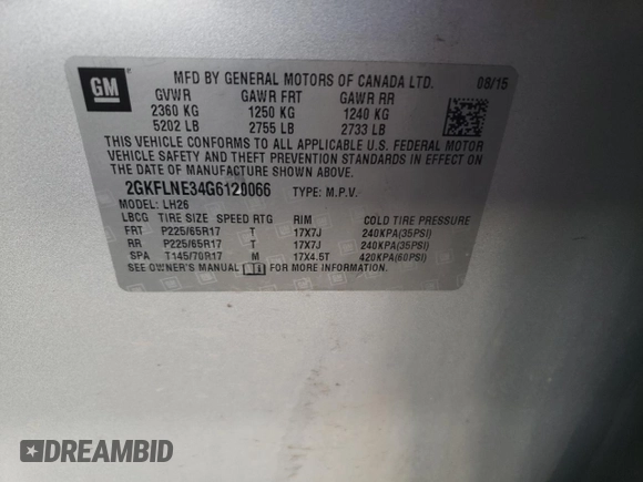 2016 GMC Terrain SLE with VIN 2GKFLNE34G6120066, listed as a Copart auction lot 48336935 with 120,716 mi miles and Salvage Title. Bid and sale history available at carsss.com. Image 13.