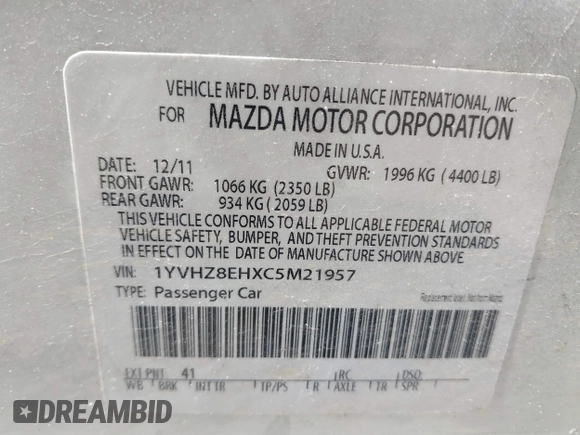 2012 Mazda 6 i Touring Plus with VIN 1YVHZ8EHXC5M21957, listed as a IAAI auction lot 41774460 with 140,093 mi miles. Bid and sale history available at carsss.com. Image 9.