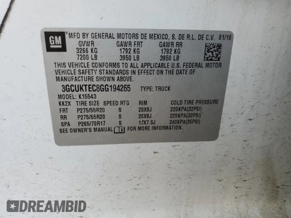 2016 Chevrolet Silverado 1500 High Country with VIN 3GCUKTEC8GG194265, listed as a Copart auction lot 50376085 with 174,255 mi miles and Salvage Title. Bid and sale history available at DreamBid. Image 15.