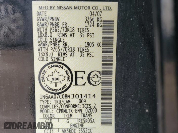 2008 Nissan Titan XE z VIN 1N6AA07C08N301414, wystawiony jako Copart lot #65863554 z przebiegiem 307 023 mil mil oraz Szkoda całkowita • Salvage title. Historia ofert i sprzedaży dostępna na DreamBid. Obrazek 13.