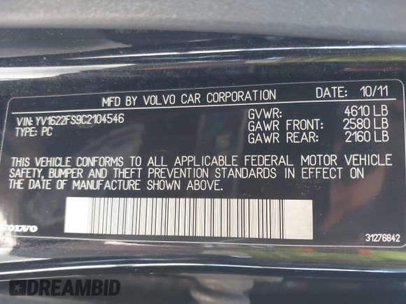 2012 Volvo S60 T5 with VIN YV1622FS9C2104546, listed as a IAAI auction lot 42510893 with 137,223 mi miles and . Bid and sale history available at DreamBid. Image 9.