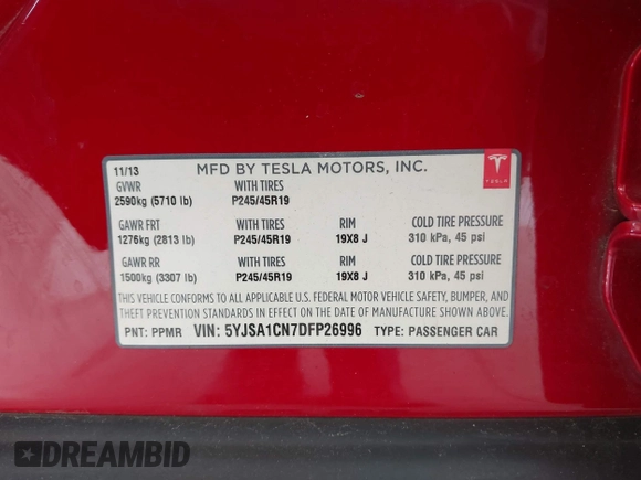 2013 Tesla Model S with VIN 5YJSA1CN7DFP26996, listed as a IAAI auction lot 42244540 with 128,160 mi miles and . Bid and sale history available at DreamBid. Image 9.