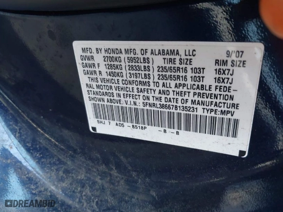 2007 Honda Odyssey EX-L with VIN 5FNRL38667B135231, listed as a IAAI auction lot 41861948 with 133,616 mi miles. Bid and sale history available at carsss.com. Image 9.