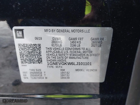2020 Chevrolet Traverse LT Cloth with VIN 1GNEVGKW6LJ101101, listed as a IAAI auction lot 40050482 with 86,527 mi miles. Bid and sale history available at carsss.com. Image 9.