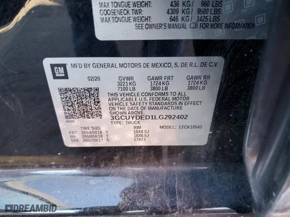 2020 Chevrolet Silverado 1500 LT with VIN 3GCUYDED1LG292402, listed as a Copart auction lot 44575375 with 33,714 mi miles and Salvage Title. Bid and sale history available at carsss.com. Image 14.