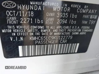 2019 Hyundai Ioniq Blue with VIN KMHC65LC9KU122779, listed as a IAAI auction lot 41722347 with 75,644 mi miles and . Bid and sale history available at DreamBid. Image 9.