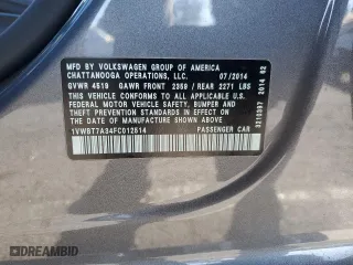 2015 Volkswagen Passat 1.8T Sport with VIN 1VWBT7A34FC012514, listed as a Copart auction lot 87976965 with 137,763 mi miles and Clean Title. Bid and sale history available at carsss.com. Image 12.