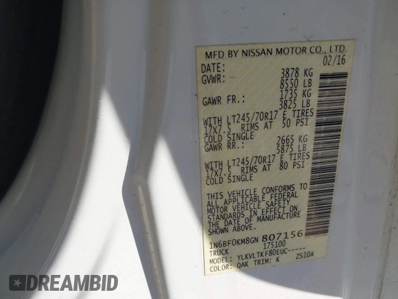 2016 Nissan NV SV with VIN 1N6BF0KM8GN807156, listed as a IAAI auction lot 41734371 with 49,294 mi miles. Bid and sale history available at carsss.com. Image 9.