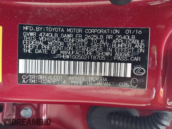 2016 Lexus ES 300h with VIN JTHBW1GG5G2118705, listed as a IAAI auction lot 42276284 with 80,151 mi miles and . Bid and sale history available at DreamBid. Image 9.