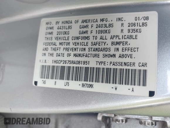 2008 Honda Accord EX with VIN 1HGCP26758A081951, listed as a IAAI auction lot 42187402 with 146,076 mi miles and . Bid and sale history available at DreamBid. Image 9.