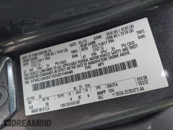 2013 Ford Escape SE with VIN 1FMCU0GX1DUD14948, listed as a IAAI auction lot 41876628 with 277,194 mi miles and . Bid and sale history available at DreamBid. Image 9.