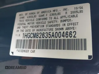 2005 Honda Accord EX-L z VIN 1HGCM82635A004662, wystawiony jako IAAI lot #41624912 z przebiegiem 219 890 mil mil oraz . Historia ofert i sprzedaży dostępna na DreamBid. Obrazek 9.