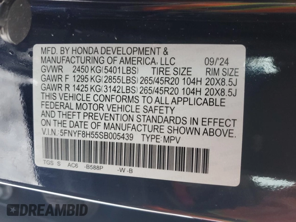 2025 Honda Passport EX-L z VIN 5FNYF8H55SB005439, wystawiony jako Copart lot #87375214 z przebiegiem 2575 mil mil oraz Szkoda całkowita • Salvage title. Historia ofert i sprzedaży dostępna na DreamBid. Obrazek 13.