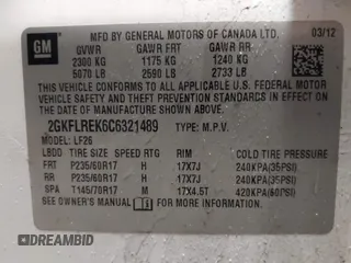 2012 GMC Terrain SLE-1 with VIN 2GKFLREK6C6321489, listed as a IAAI auction lot 41251061 with 192,141 mi miles. Bid and sale history available at carsss.com. Image 9.