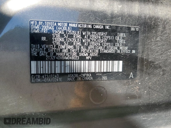 2010 Toyota RAV4 with VIN 2T3ZF4DV8AW048023, listed as a Copart auction lot 63678075 with 170,291 mi miles and Clean title. Bid and sale history available at DreamBid. Image 13.
