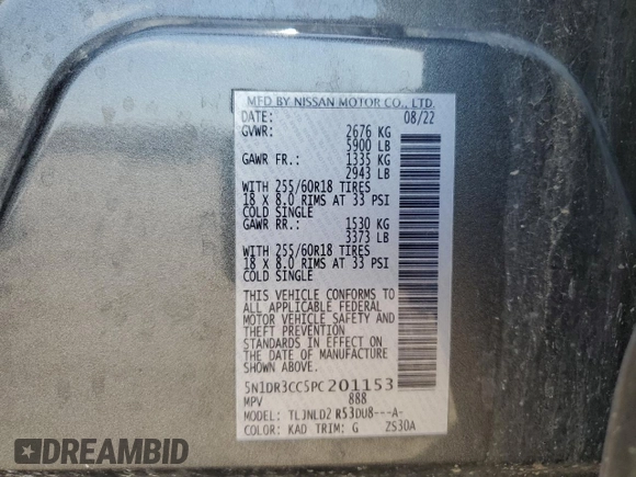 2023 Nissan Pathfinder SL with VIN 5N1DR3CC5PC201153, listed as a Copart auction lot 54053975 with 68,302 mi miles and Salvage title. Bid and sale history available at DreamBid. Image 13.