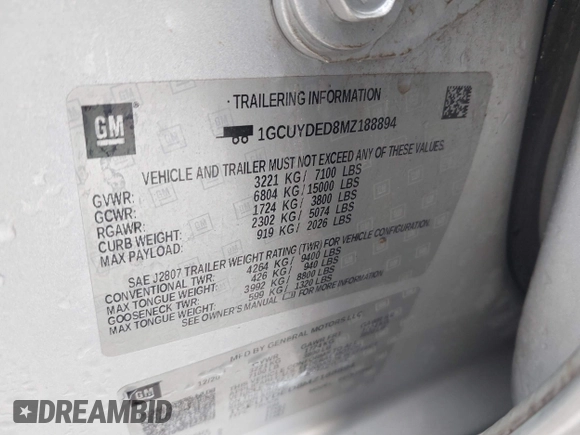 2021 Chevrolet Silverado 1500 LT with VIN 1GCUYDED8MZ188894, listed as a IAAI auction lot 41702619 with 48,604 mi miles. Bid and sale history available at carsss.com. Image 9.
