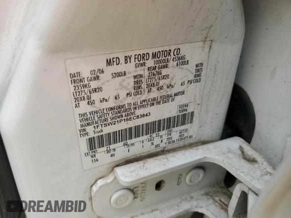 2006 Ford F-250 XL with VIN 1FTSW21P16EC83843, listed as a Copart auction lot 51687355 with 209,950 mi miles and Clean title. Bid and sale history available at DreamBid. Image 12.