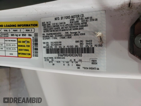 2013 Ford Fusion Titanium Hybrid with VIN 3FA6P0RU4DR334703, listed as a Copart auction lot 48821865 with 155,507 mi miles and Clean title. Bid and sale history available at DreamBid. Image 12.
