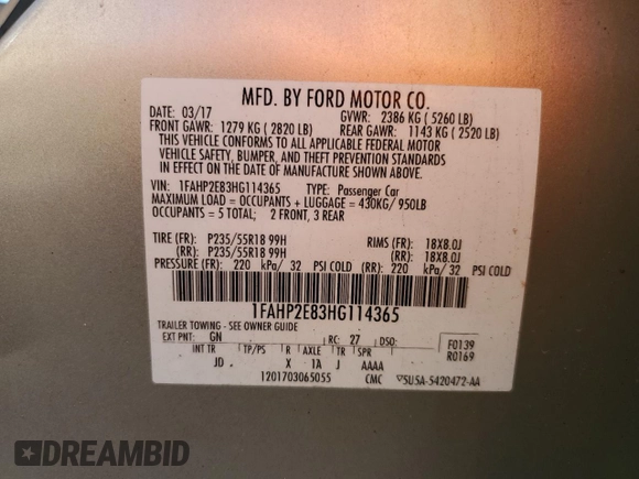 2017 Ford Taurus SEL with VIN 1FAHP2E83HG114365, listed as a Copart auction lot 53308605 with 113,242 mi miles and Salvage Title. Bid and sale history available at DreamBid. Image 14.