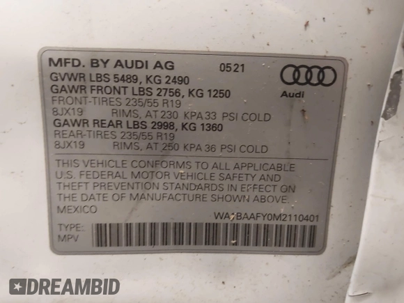 2021 Audi Q5 Premium Plus with VIN WA1BAAFY0M2110401, listed as a IAAI auction lot 42525489 with 50,080 mi miles and . Bid and sale history available at DreamBid. Image 9.
