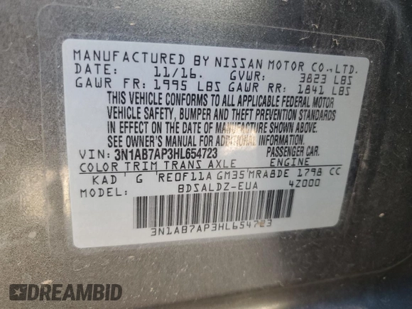 2017 Nissan Sentra SV with VIN 3N1AB7AP3HL654723, listed as a Copart auction lot 48437835 with 117,270 mi miles and Salvage Title. Bid and sale history available at carsss.com. Image 12.