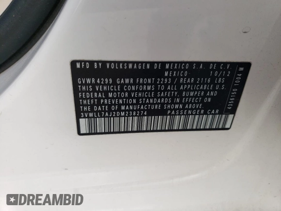 2013 Volkswagen Jetta TDI with VIN 3VWLL7AJ2DM238274, listed as a Copart auction lot 83704884 with 121,336 mi miles and Salvage title. Bid and sale history available at DreamBid. Image 12.