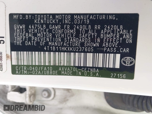 2019 Toyota Camry LE z VIN 4T1B11HKXKU237605, wystawiony jako IAAI lot #42248386 z przebiegiem 70 235 mil mil oraz . Historia ofert i sprzedaży dostępna na DreamBid. Obrazek 9.