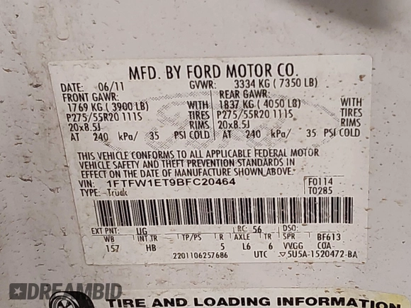 2011 Ford F-150 XLT with VIN 1FTFW1ET9BFC20464, listed as a IAAI auction lot 41556115 with 1 mi miles. Bid and sale history available at carsss.com. Image 9.