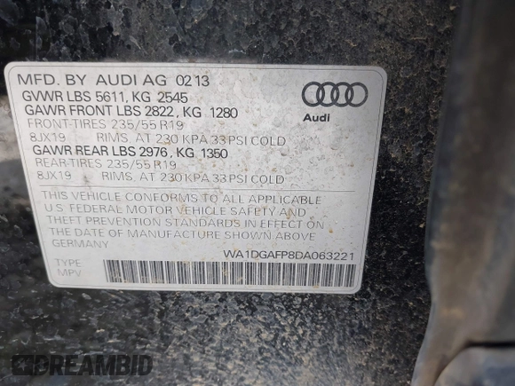 2013 Audi Q5 Premium Plus с VIN WA1DGAFP8DA063221, выставлен на аукционе IAAI как лот 42338611 с пробегом 91 485 миль миль и . История ставок и продаж доступна на DreamBid. Изображение 9.