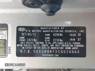 2012 Kia Optima EX with VIN 5XXGN4A72CG010664, listed as a IAAI auction lot 41824532 with 154,707 mi miles. Bid and sale history available at carsss.com. Image 9.