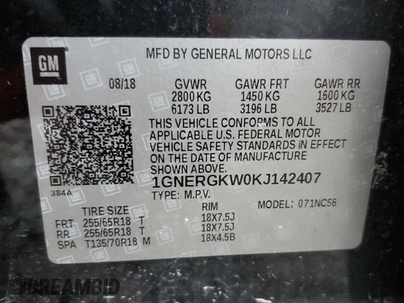 2019 Chevrolet Traverse LT Cloth z VIN 1GNERGKW0KJ142407, wystawiony jako Copart lot #42038515 z przebiegiem 130 871 mil mil oraz Nie do naprawy • Non repairable. Historia ofert i sprzedaży dostępna na DreamBid. Obrazek 13.
