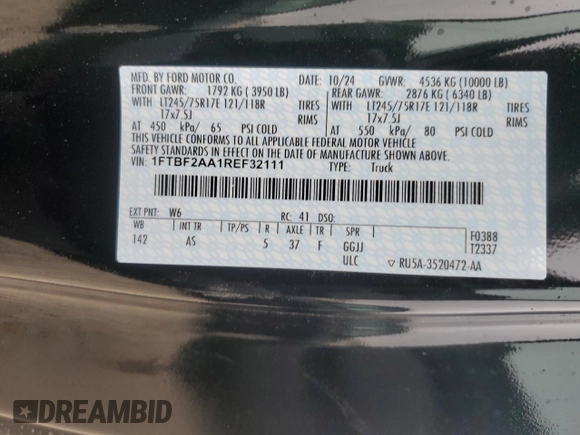 2024 Ford F-250 XL with VIN 1FTBF2AA1REF32111, listed as a Copart auction lot 45367575 with 1,192 mi miles and Salvage title. Bid and sale history available at DreamBid. Image 12.