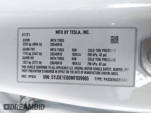 2021 Tesla Model 3 Long Range with VIN 5YJ3E1EB0MF009965, listed as a IAAI auction lot 41478233 with 31,713 mi miles and . Bid and sale history available at DreamBid. Image 9.
